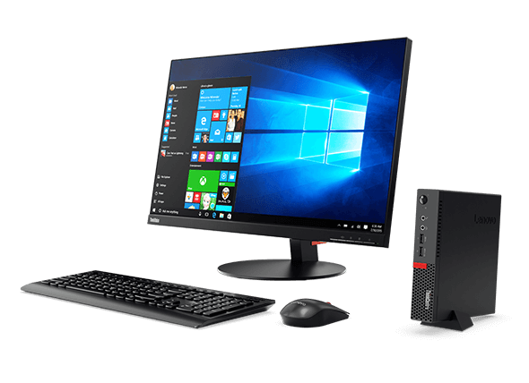 ThinkCentre M710 Tiny desktop PC along with monitor, keyboard, and mouse.