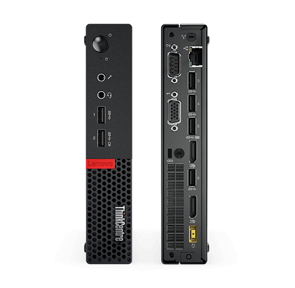 ThinkCentre M710 Tiny desktop, front and back showing ports and slots.