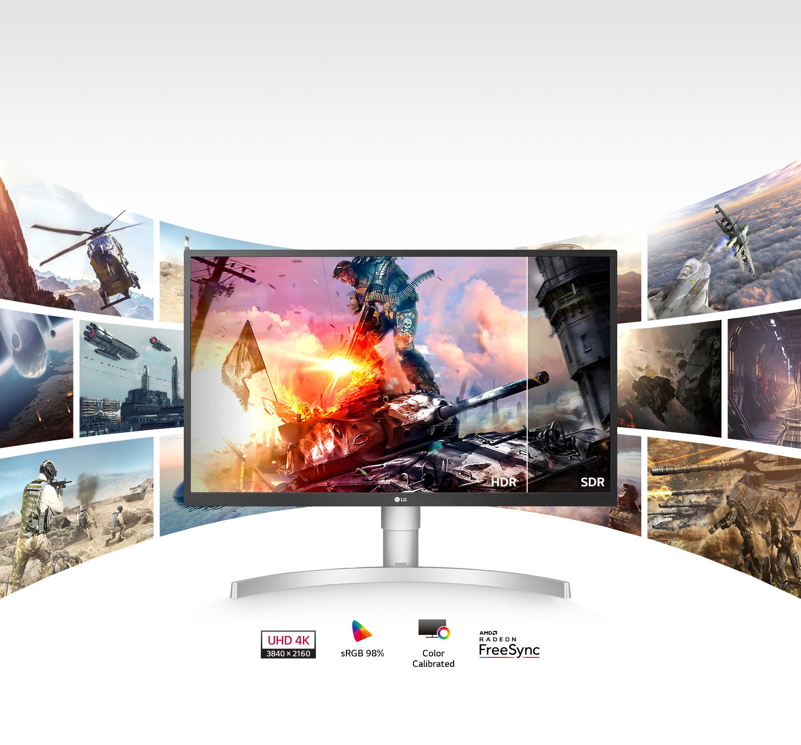 LG monitor display with video game graphics and multi-panel screens behind it.
