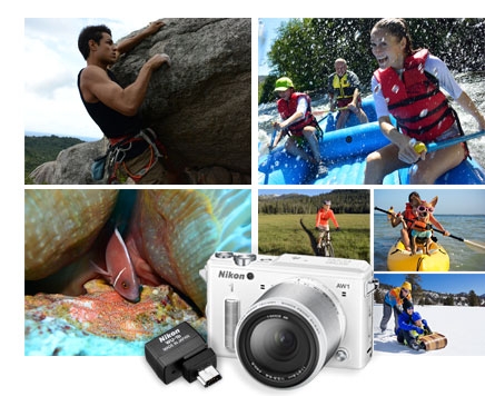 composite photo of a rock climber, rafters, a fish underwater, sledders, a biker and people in a canoe captured with the Nikon 1 AW1
