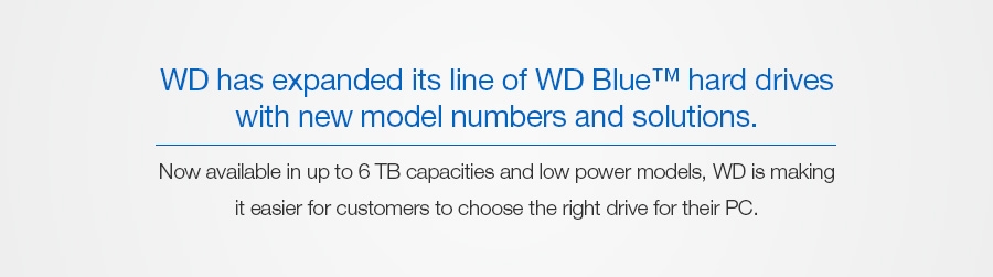 WD® has expanded its line of WD Blue™ hard drives with new model numbers and solutions. Now available in up to 6 TB capacities and low power models, WD is making it easier for customers to choose the right drive for their PC.