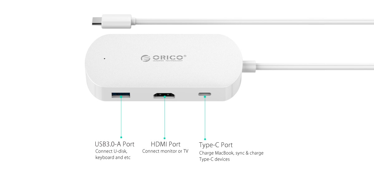Type-C to USB3.0-A + Type-C + HDMI ports