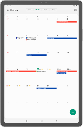 Simulated tablet with Calendar application onscreen in Family Share mode, showing color-coded events. Above are icons of four apps you can use in Family Share mode: Calendar, Samsung Notes, Gallery, and Reminder.