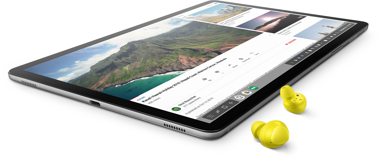 Why limit your listening enjoyment to just one device? Now you can easily connect your Galaxy Buds to your Galaxy Tab S5e for a truly seamless experience, whenever and wherever you are. And with YouTube Premium you can stream ad-free content for uninterrupted enjoyment on the move.