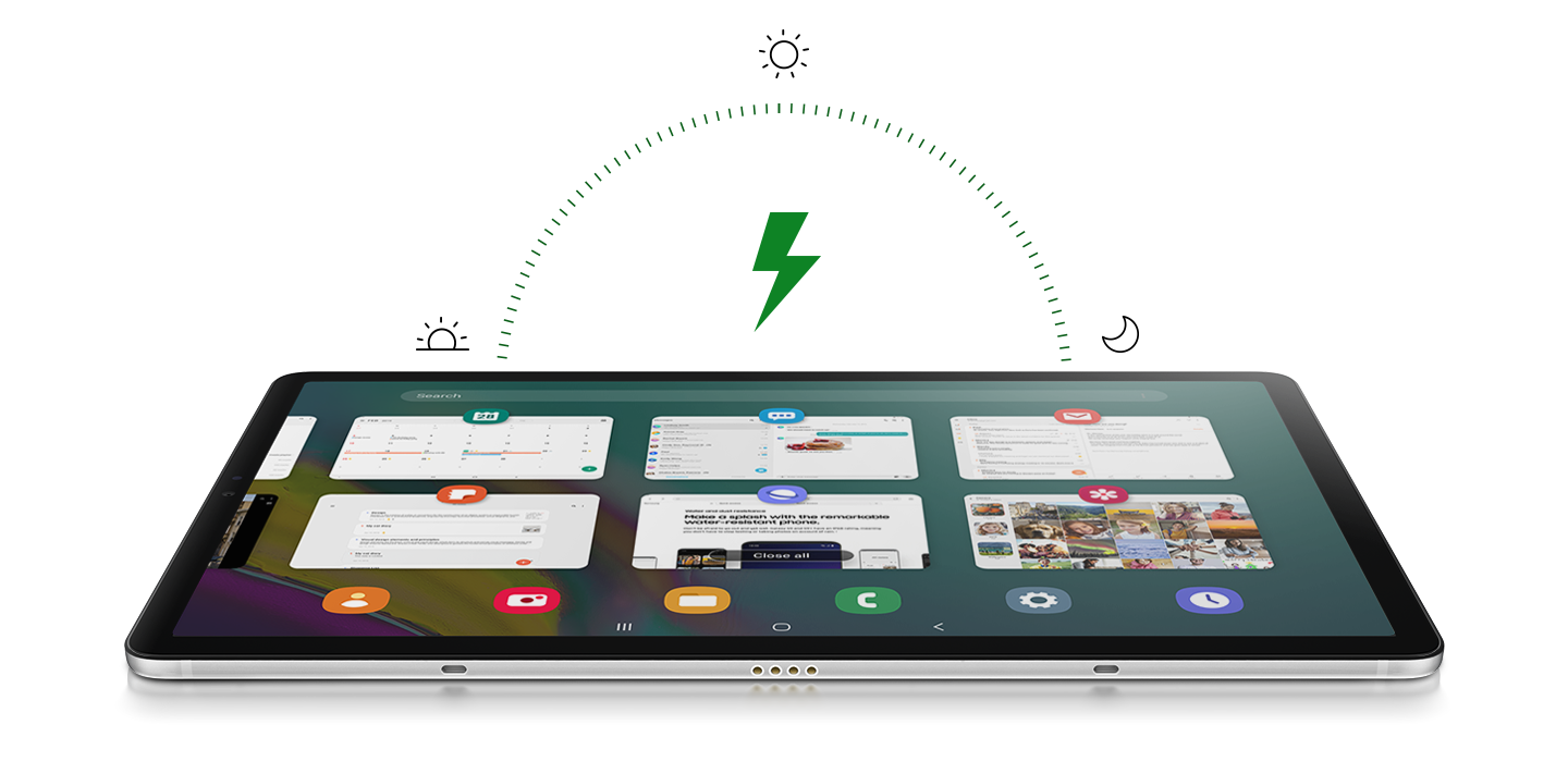 Simulated image of tablet screen with commonly used app icons shown onscreen. A battery symbol is overhead with a sunrise icon on the left and a moon icon on the right showing Galaxy Tab S5es battery lasts all day.