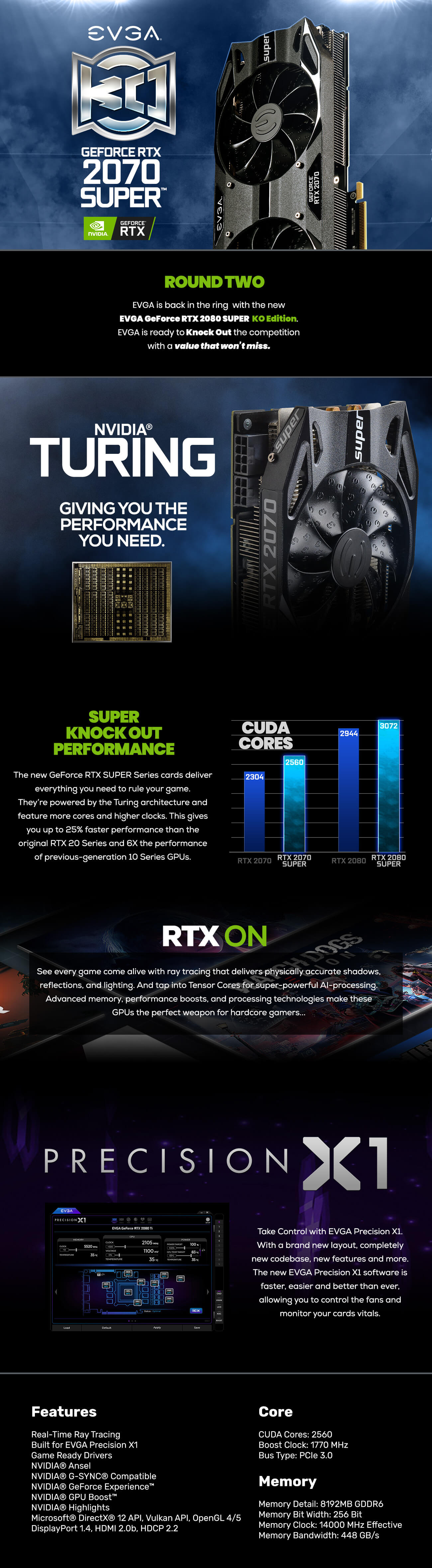 EVGA GeForce RTX 2070 Super KO Gaming， 08G-P4-2072-KR， 8GB GDDR6